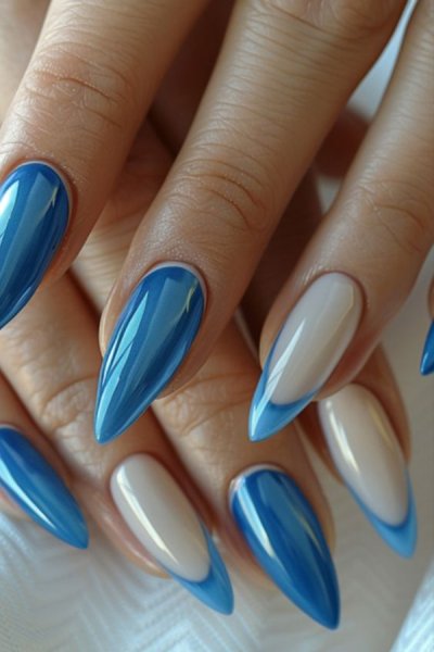  55 عکس طرح ناخن آبی و سفید